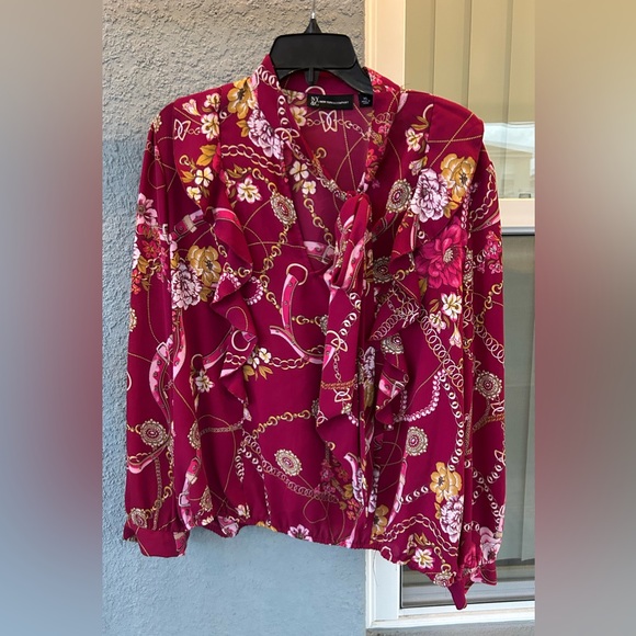 New York & Company Tops - New York And Company V-neck Tie Long Sleeve Ruffles Lightweight Top Size XL